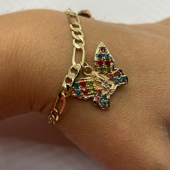14K Gold Plated Virgin of Guadalupe butterfly bracelet with colored rhinestones - Picture 9 of 11